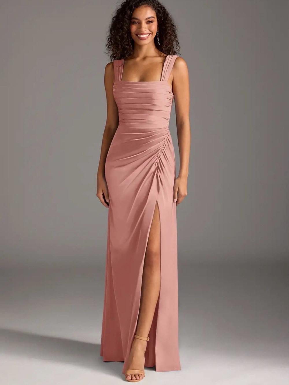 Azazie Jesaphine Stretch Satin Rosette Maxi Dress with Side Slit